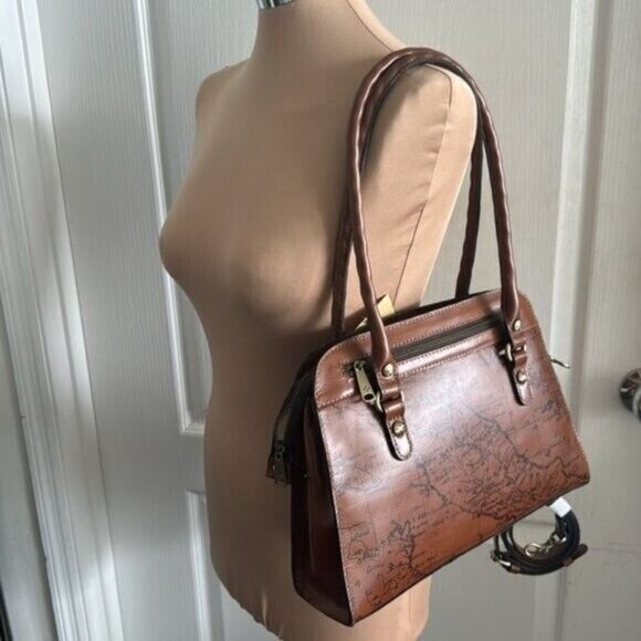 Patricia Nash Riot Rust Leather Calvi Satchel Crossbody Signature Map Brown - Picture 6 of 11